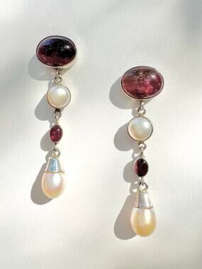 Pink Tourmaline Pearl Sterling 925 Silver Handmade Earrings Post Back 2.5 inch